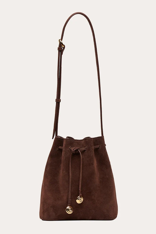 Charm Bucket Bag, Dark Brown Suede