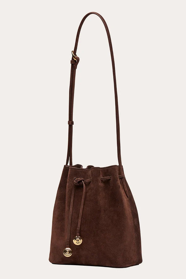 Charm Bucket Bag, Dark Brown Suede