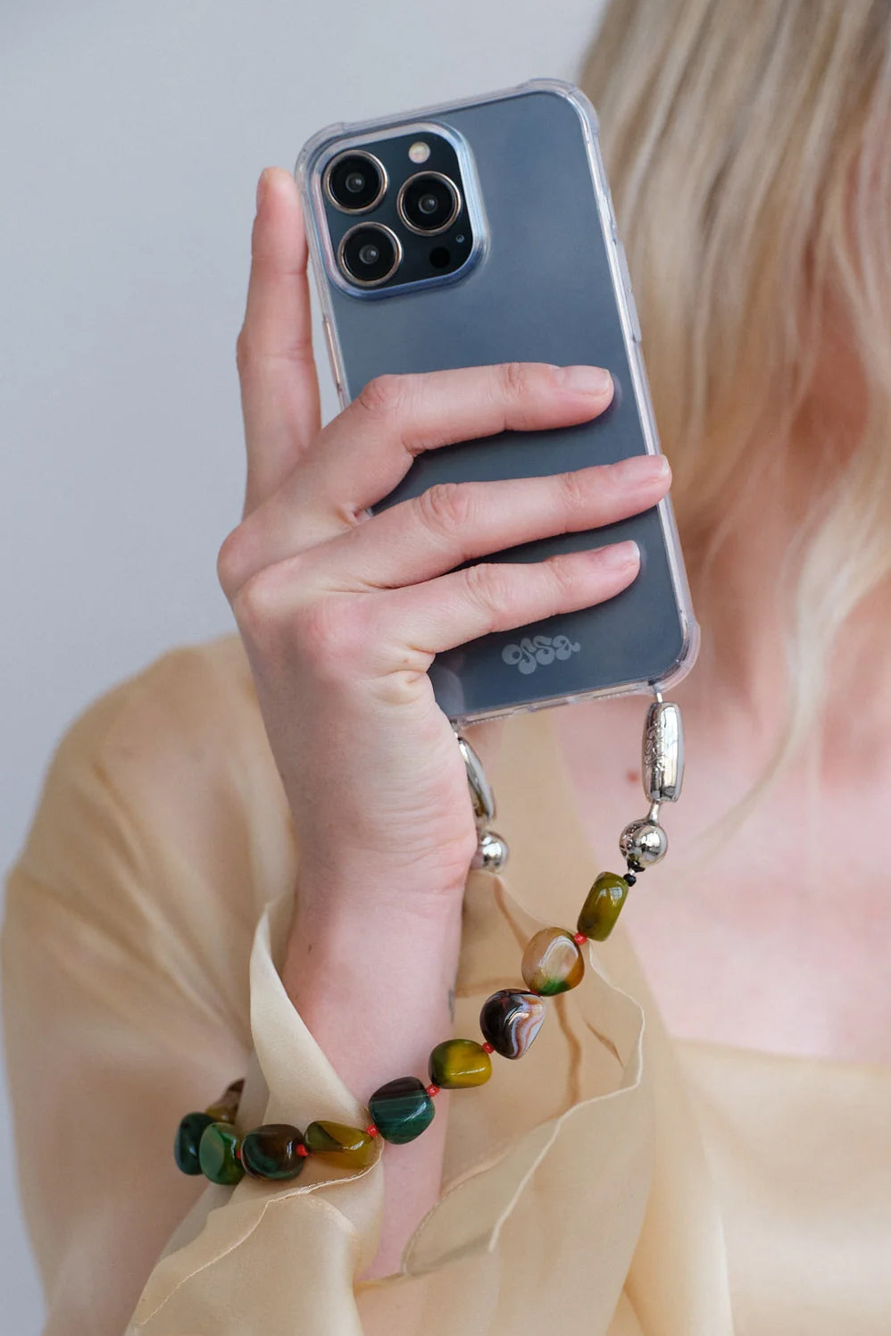 Large Cut Gemstone Wristlet, Olive Agate