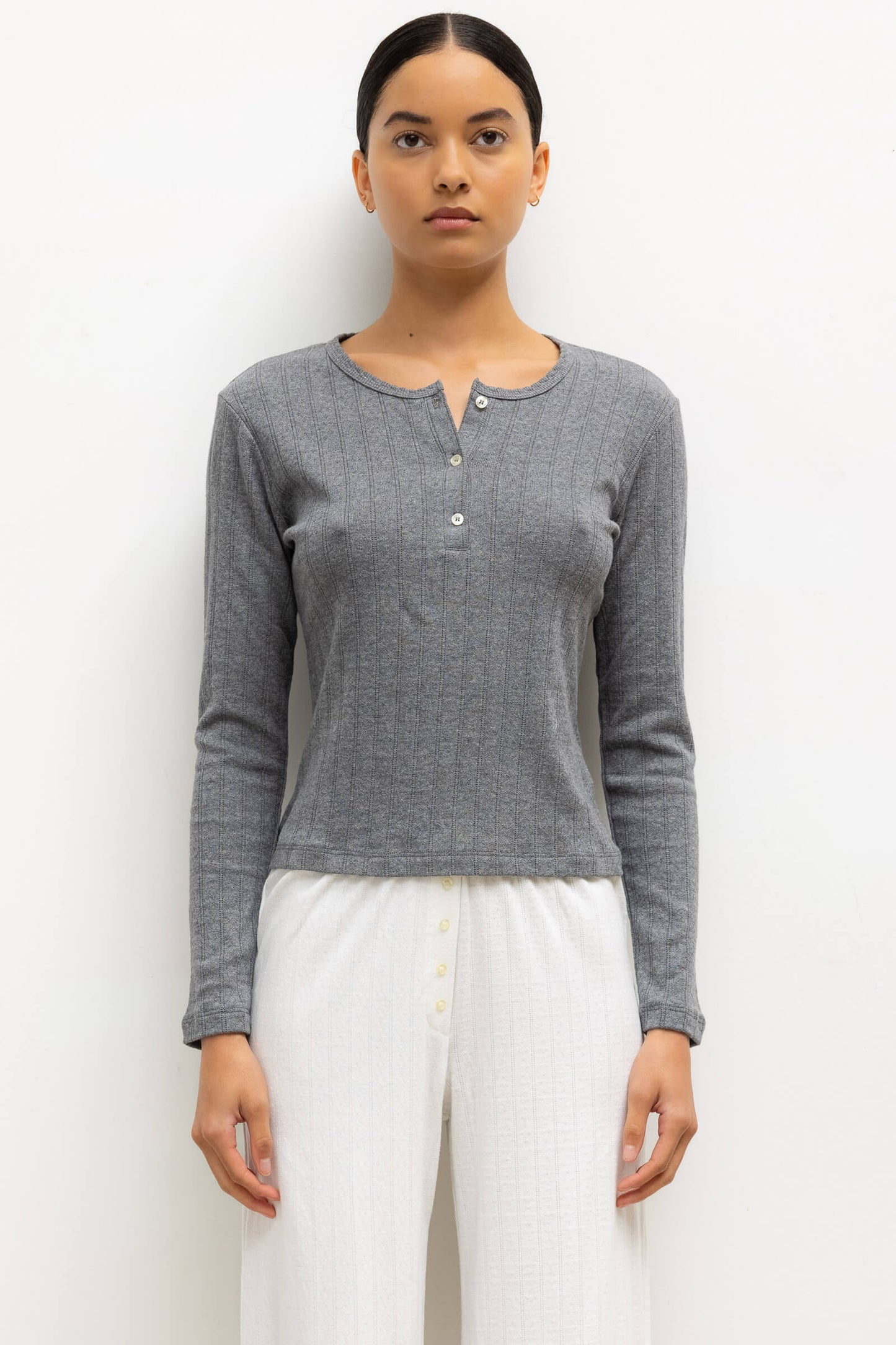 Pointelle Long Sleeve Henley, Granite