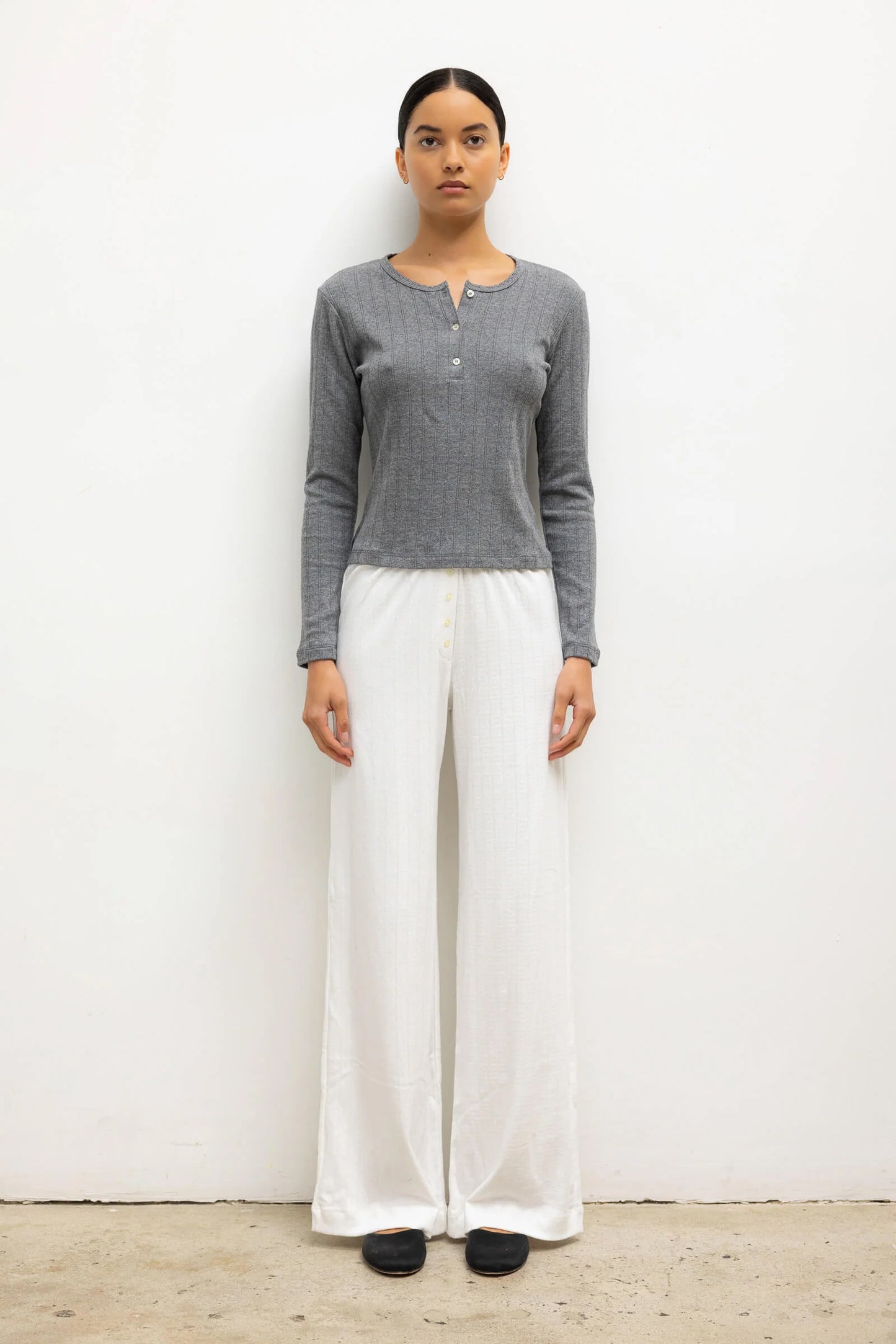 Pointelle Long Sleeve Henley, Granite