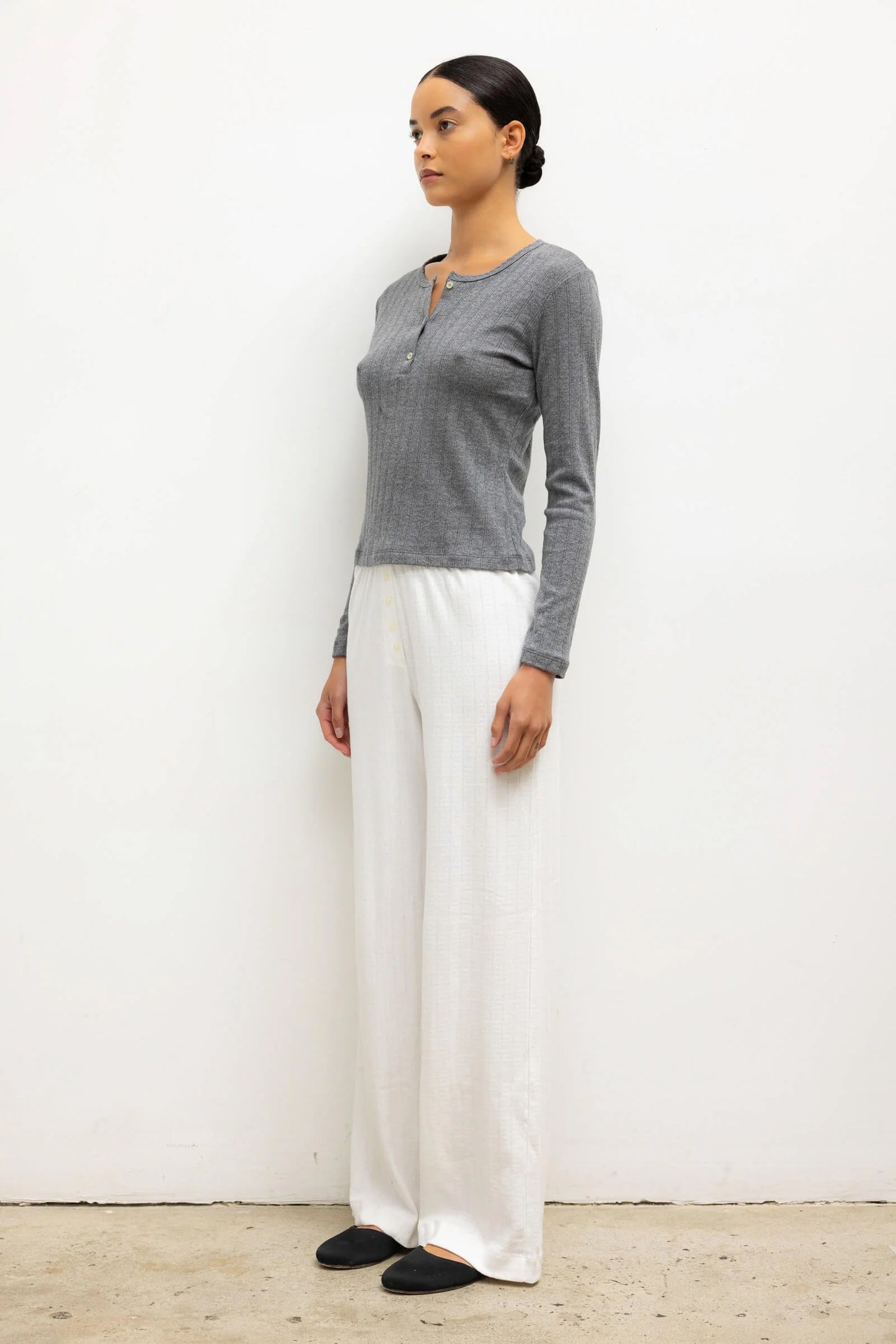 Pointelle Long Sleeve Henley, Granite