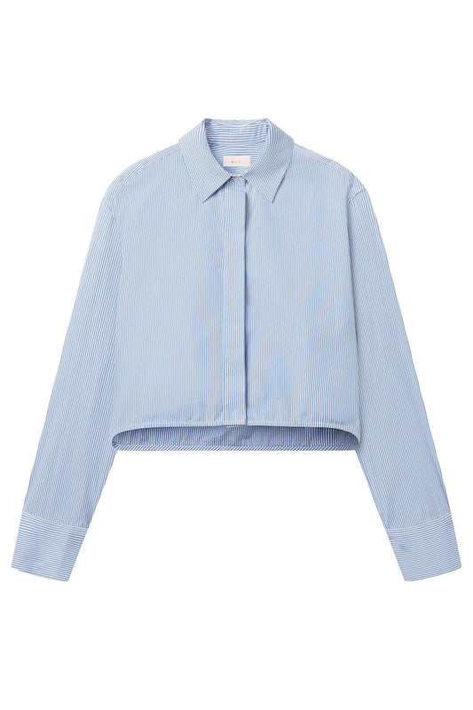 Maude Cropped Cotton Stripe Shirt, French Blue/White