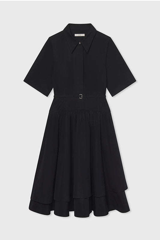 Short Sleeve Belted Dress in Cotton Poplin