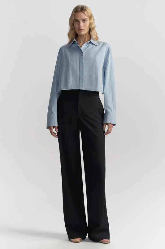 Maude Cropped Cotton Stripe Shirt, French Blue/White