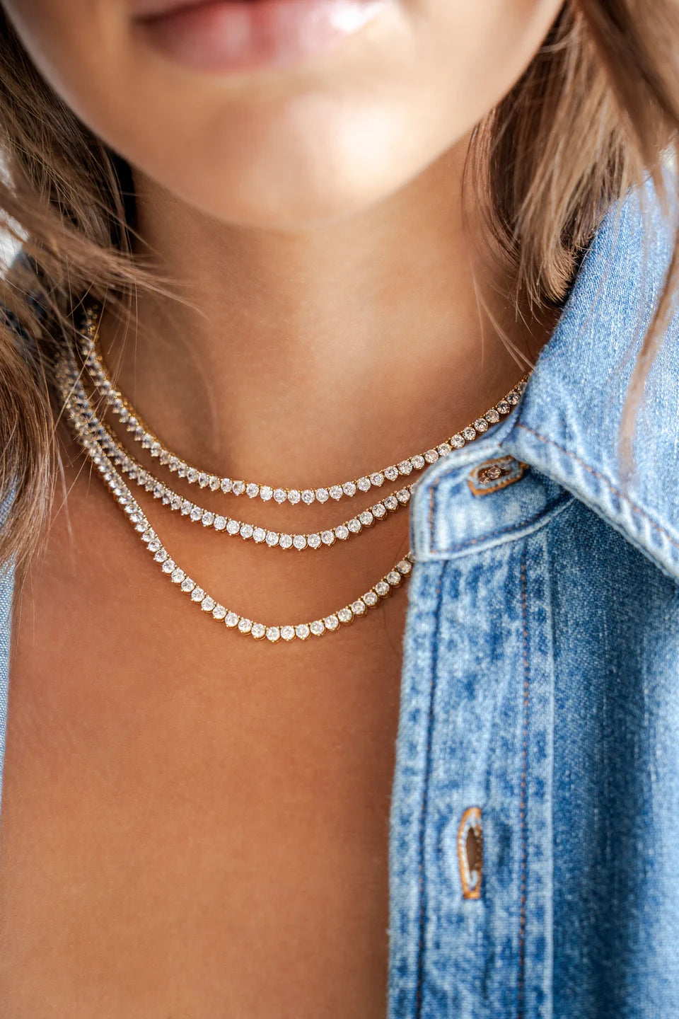 Crystal Tennis Necklace, Yellow Gold 15"