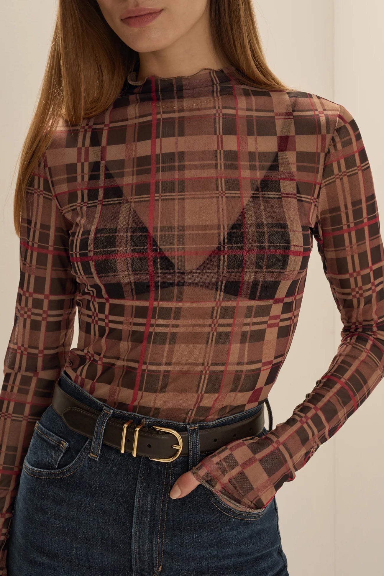 The Sheer Fantasy Top, Brown Plaid