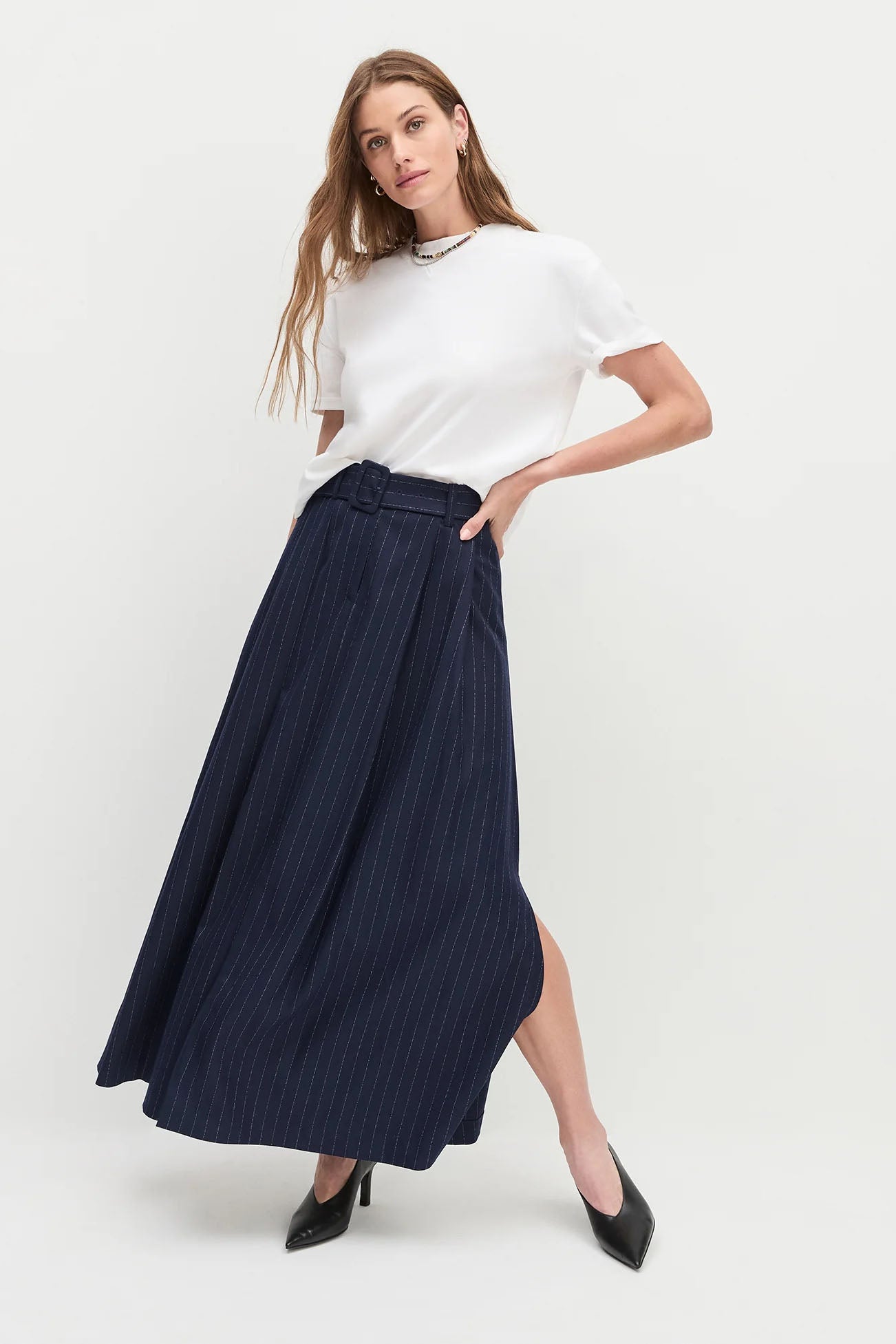 The Gabby Skirt, Navy Pinstripe