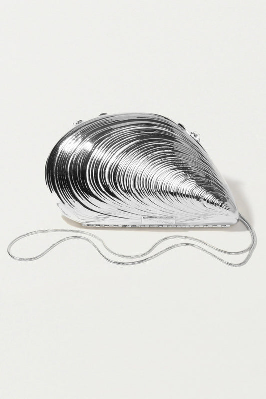 Bridget Metal Oyster Shell Clutch, Silver