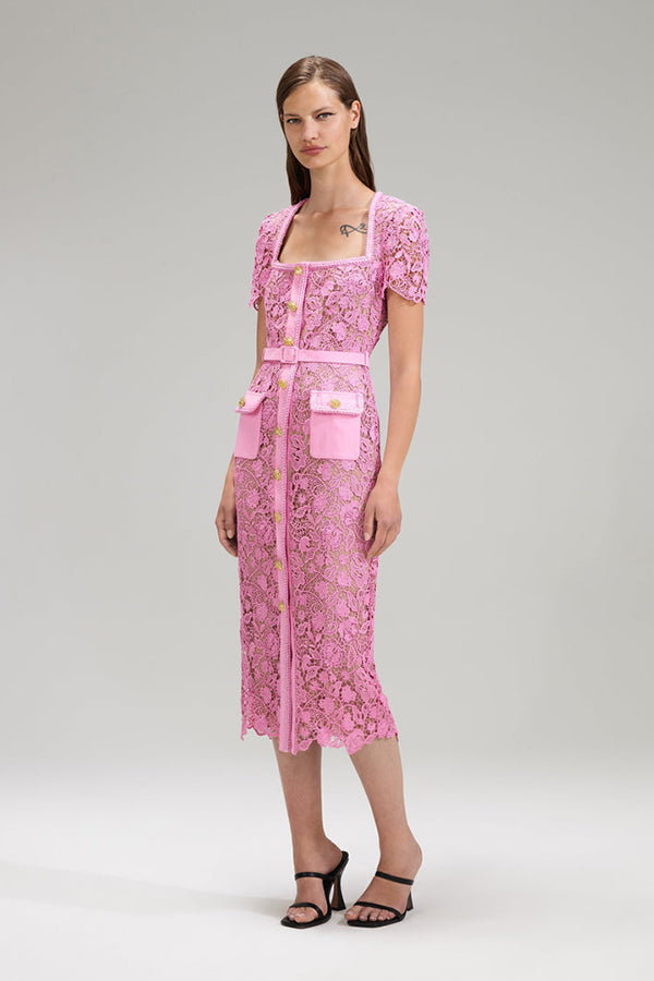 Pink Guipure Lace Midi Dress