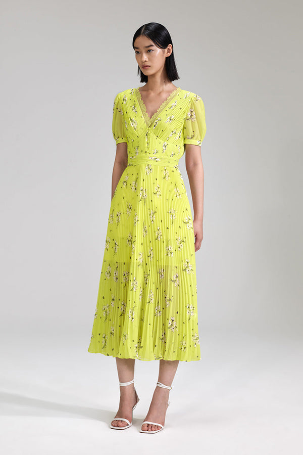 Lime Floral Chiffon Midi Dress