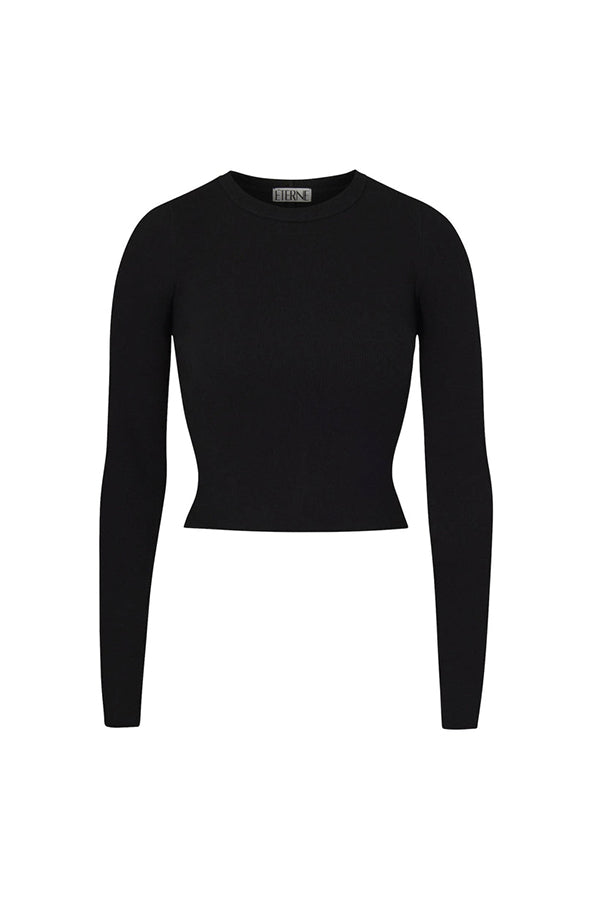 Cropped Long Sleeve Fitted Top, Black